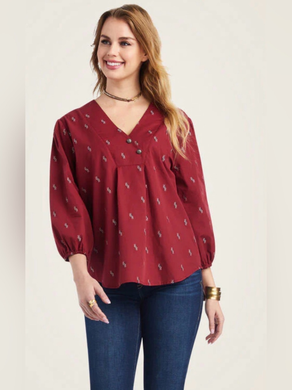 Ariat Women's Peasant Top Chimayo Blouse Shirt Red Burgandy 3/4 Sleeve large